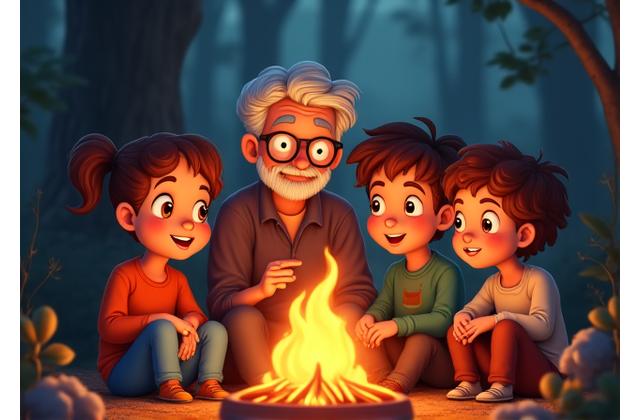 Grandparent telling a story to grandchildren in front of a campfire