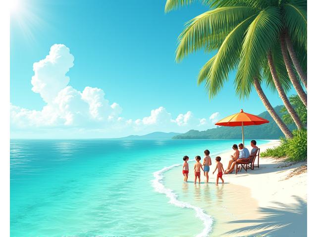 Three generations playing on a calm, sandy beach with clear water and palm trees