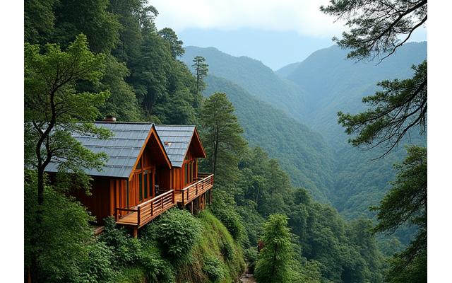An eco-lodge nestled in a lush green mountain landscape, with wooden cabins and solar panels visible, emphasizing sustainability.