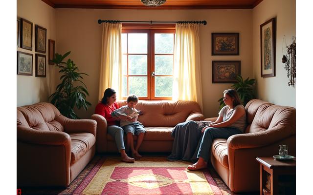 A warm, inviting living room in a traditional family home, featuring local textiles and natural light, with a family sitting together.