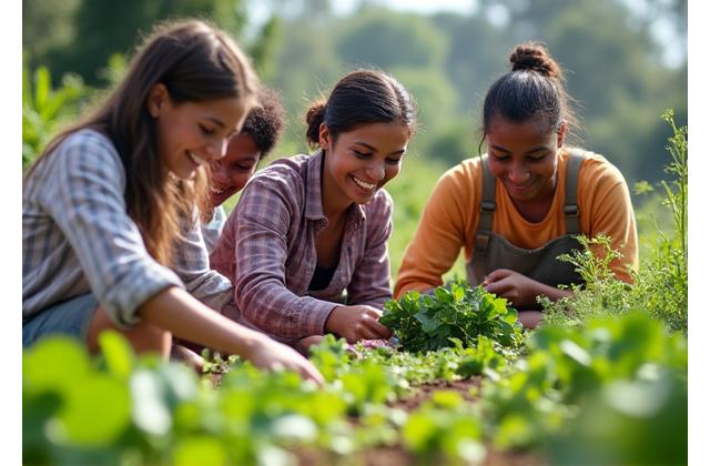 A diverse group of travelers and local community members happily collaborating on a sustainable farming project, showing mutual benefit and connection.