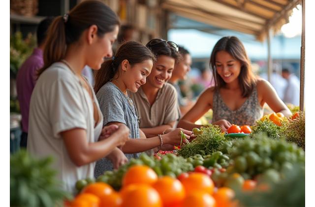 A smiling traveler and a local family cheerfully picking fresh vegetables at an open-air morning market, with vibrant colors and natural light.