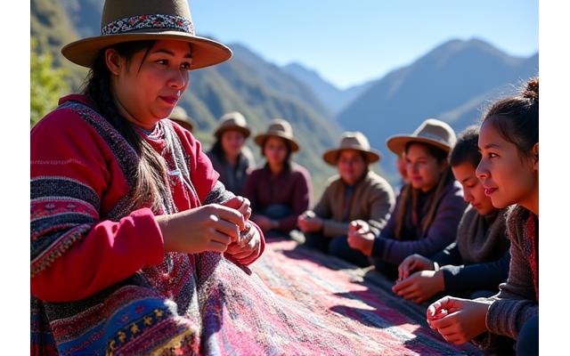 Indigenous Andean woman demonstrating traditional textile weaving techniques to curious travelers in a vibrant mountain village setting.