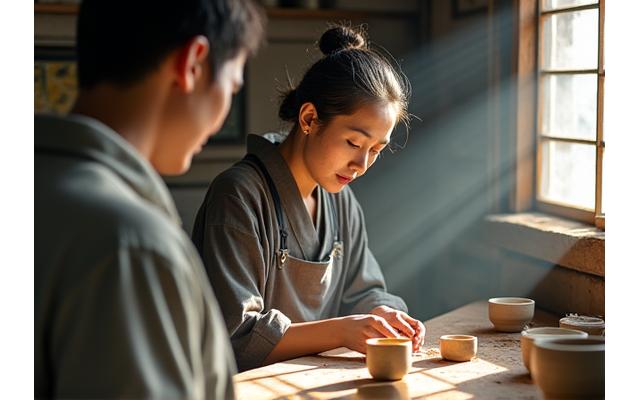 A Japanese artisan meticulously working on traditional pottery in a serene rural studio, surrounded by natural materials.