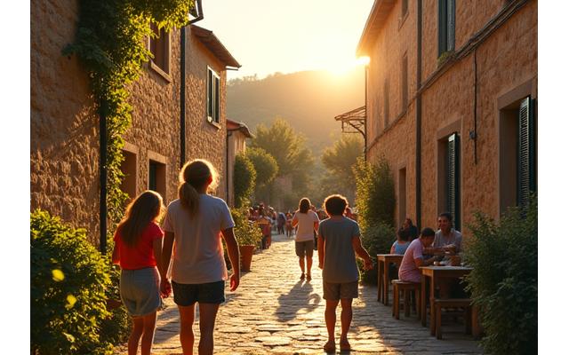 A picturesque Tuscan village street at golden hour, with a local family preparing pasta outside, depicting community integration.
