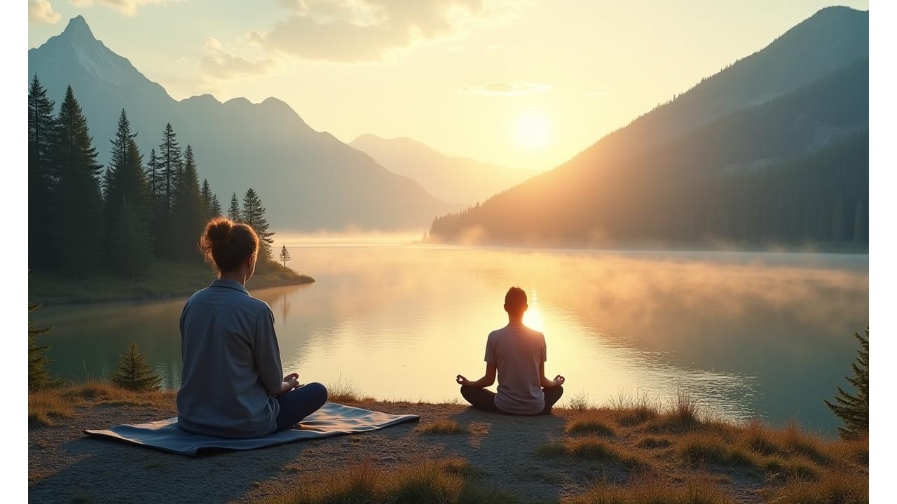 Traveler sitting peacefully overlooking a serene mountain lake at sunrise, embodying mindfulness and unhurried experience.