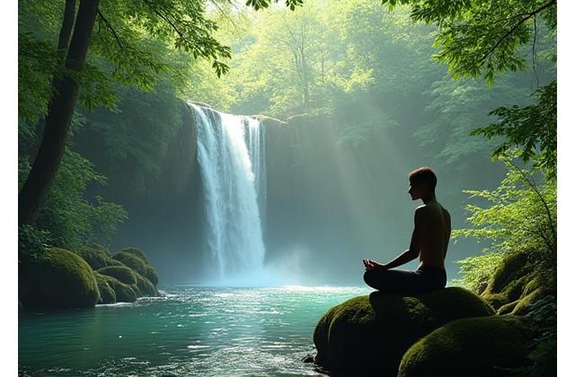 A person in a relaxed pose practicing meditation by a tranquil waterfall in a lush, green forest, emanating peace and calm.