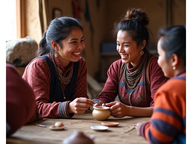 A traveler participating in a traditional crafts workshop with local Andean villagers, laughing and interacting, showcasing cultural immersion and connection.
