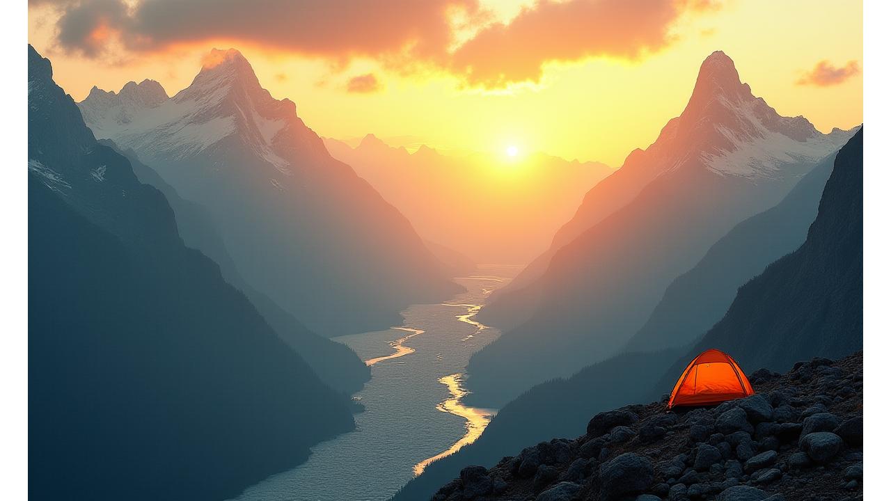 A dramatic panoramic view of a mountain range at sunrise, featuring a winding river and a small tent representing adventure and exploration.