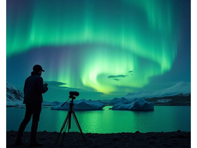 A photographer silhouetted against the vibrant green of the Northern Lights over a glacial lagoon in Iceland, capturing a breathtaking moment.