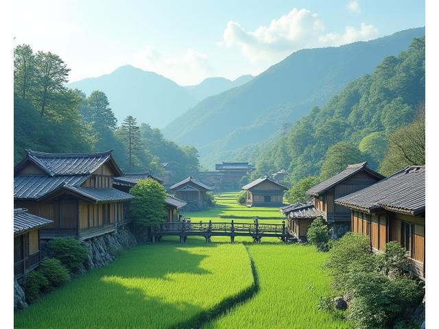 A serene scene of a traditional Japanese village with rice paddies and old wooden houses, nestled amongst green hills, reflecting cultural immersion.