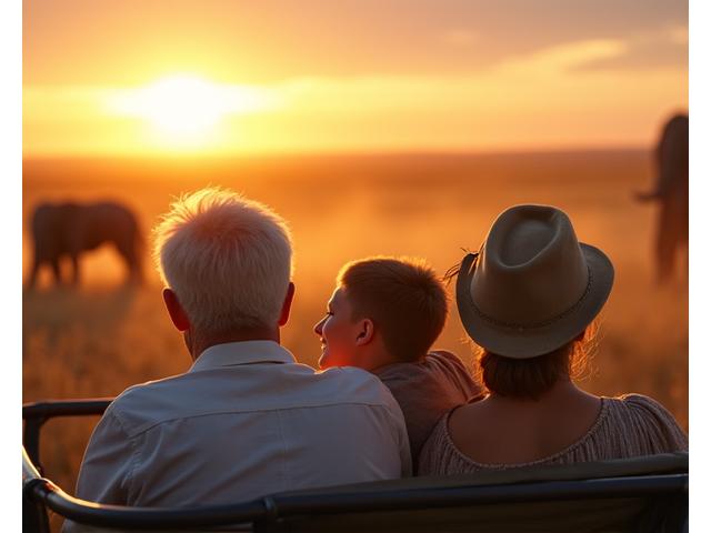 A multi-generational family (grandparents, parents, children) smiling in an open-top safari vehicle, observing elephants in the distance during a sunset safari in Africa, depicting family bonding.
