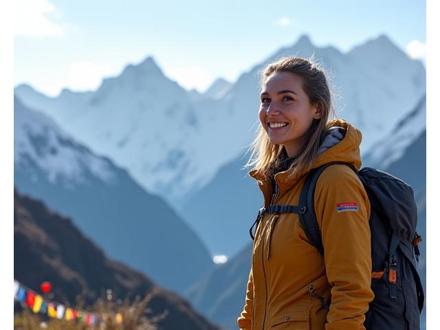 A solo female traveler, smiling, looking out at vast Himalayan peaks with prayer flags in the foreground, signifying empowerment.