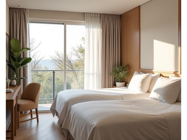 A serene, clean, and comfortable female-friendly hotel room or retreat cabin, bathed in natural light.