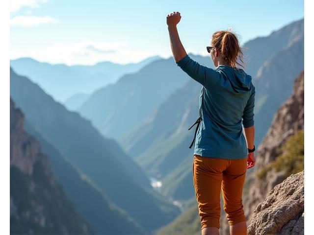 A woman triumphantly reaching the summit of a challenging climb, looking out over a vast landscape with a sense of accomplishment.