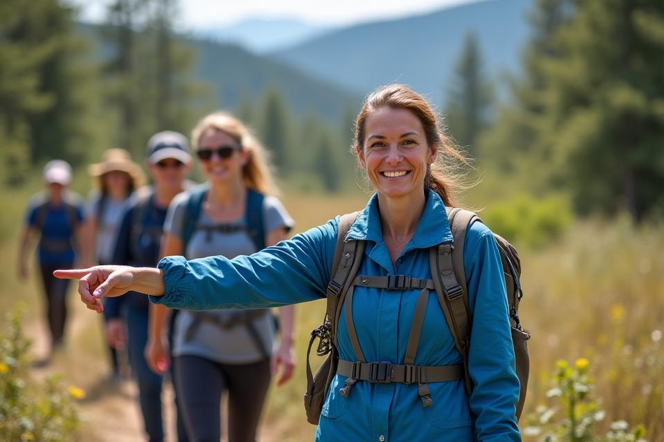 A confident female guide smiling and pointing the way on a trail, surrounded by a group of women travelers.