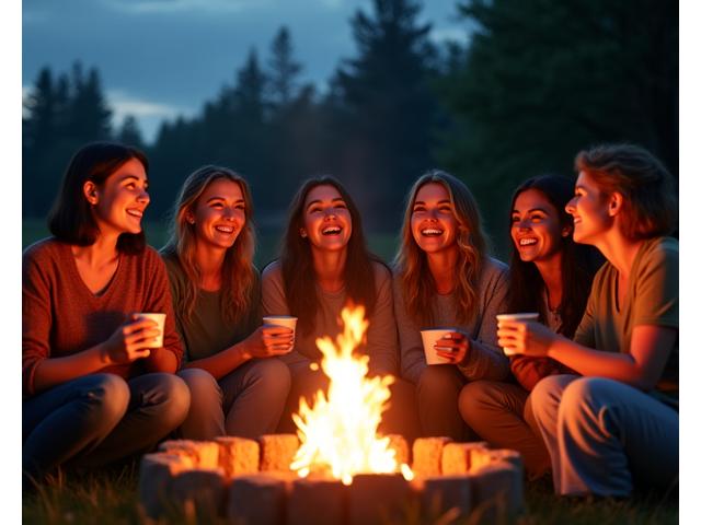 Diverse women gathered around a campfire at dusk, laughing and sharing stories, lit by firelight.