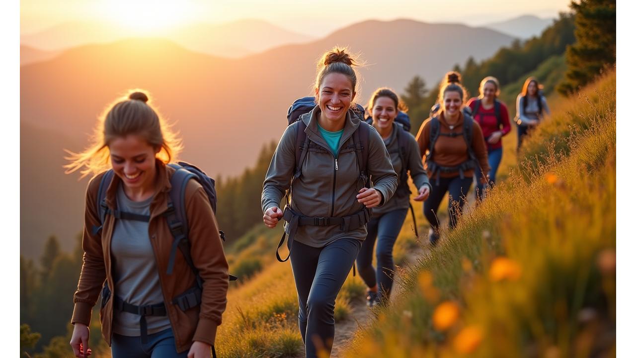 Group of diverse women hikers supporting each other on a mountain trail, laughing and smiling, with a scenic backdrop.