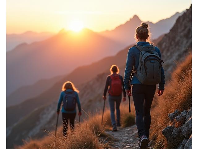 Women hiking up a mountain path at sunrise, reflecting strength and determination.